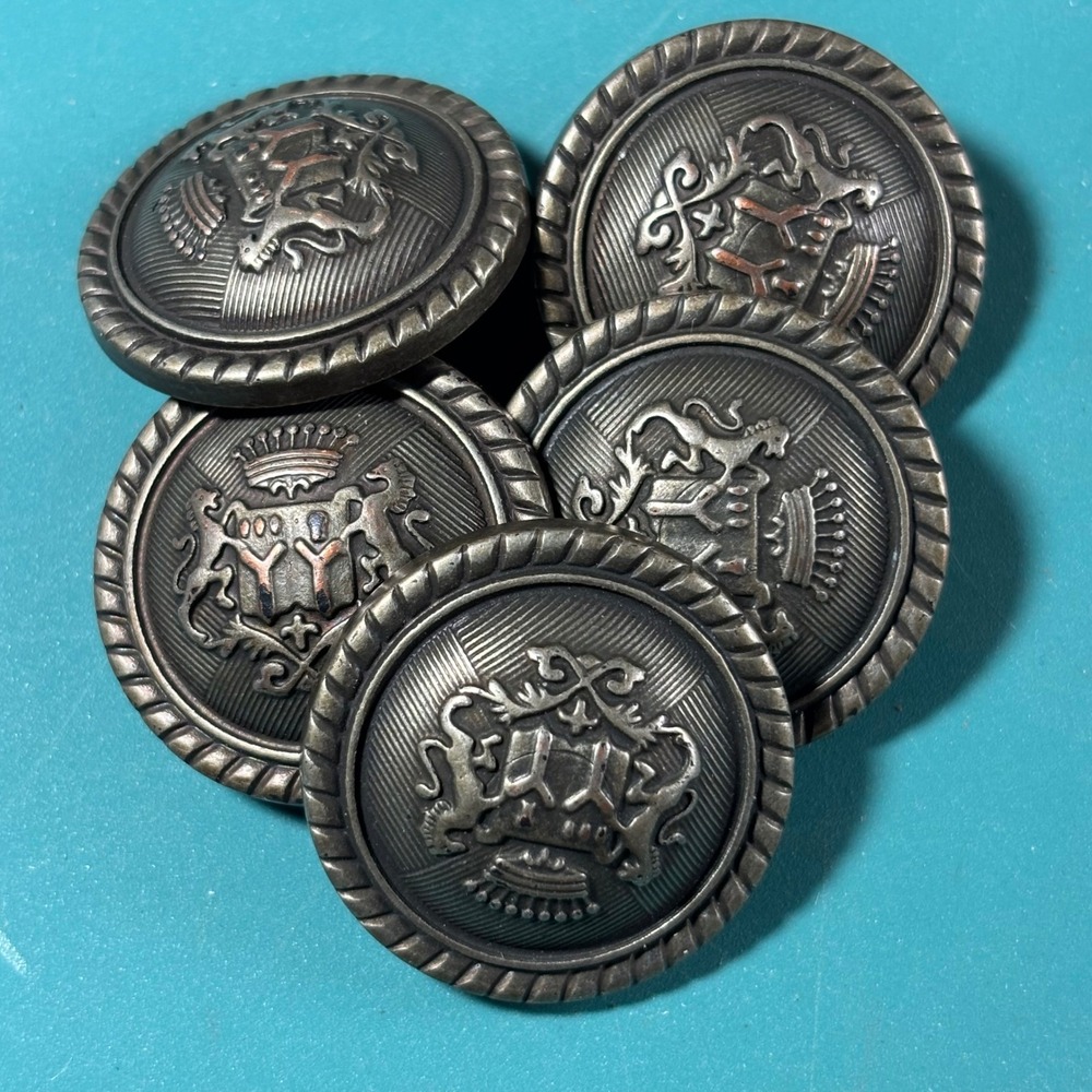 5pc Vintage‎ Heraldic Crest Metal Look Buttons Antique Silver Lion Crown